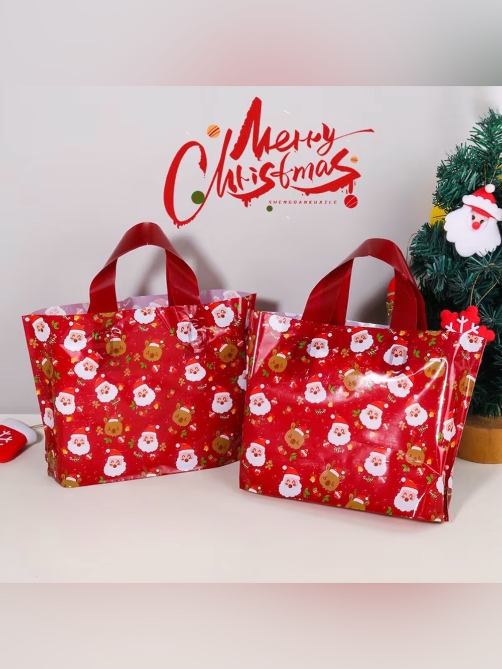 Festive Red Christmas Gift Bags with Santa Print - 25 ct Plastic 8x12β NIP